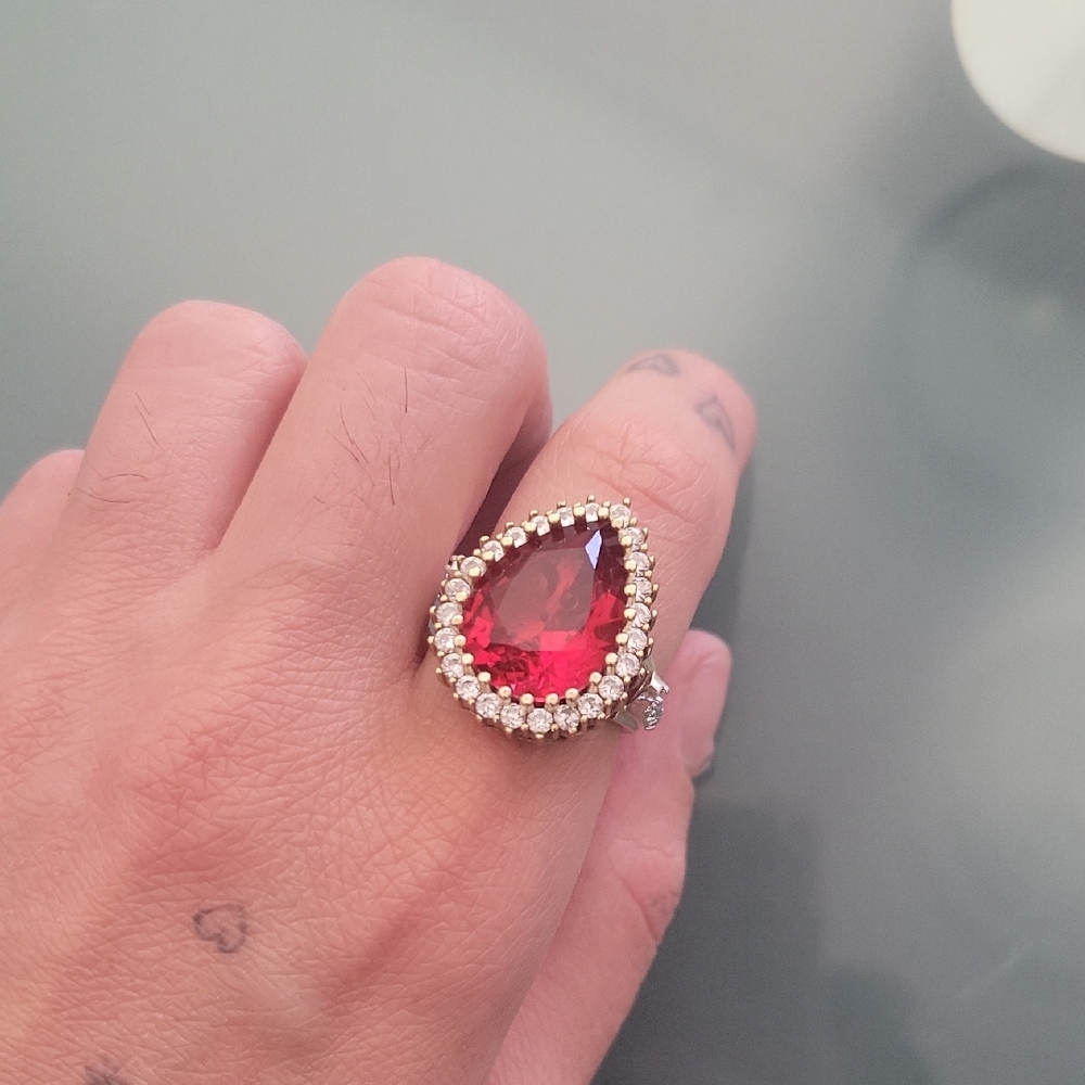 Teardrop Ring Ruby Red Stones Silver Chunky Ring Ruby Ring Vintage US 5.5